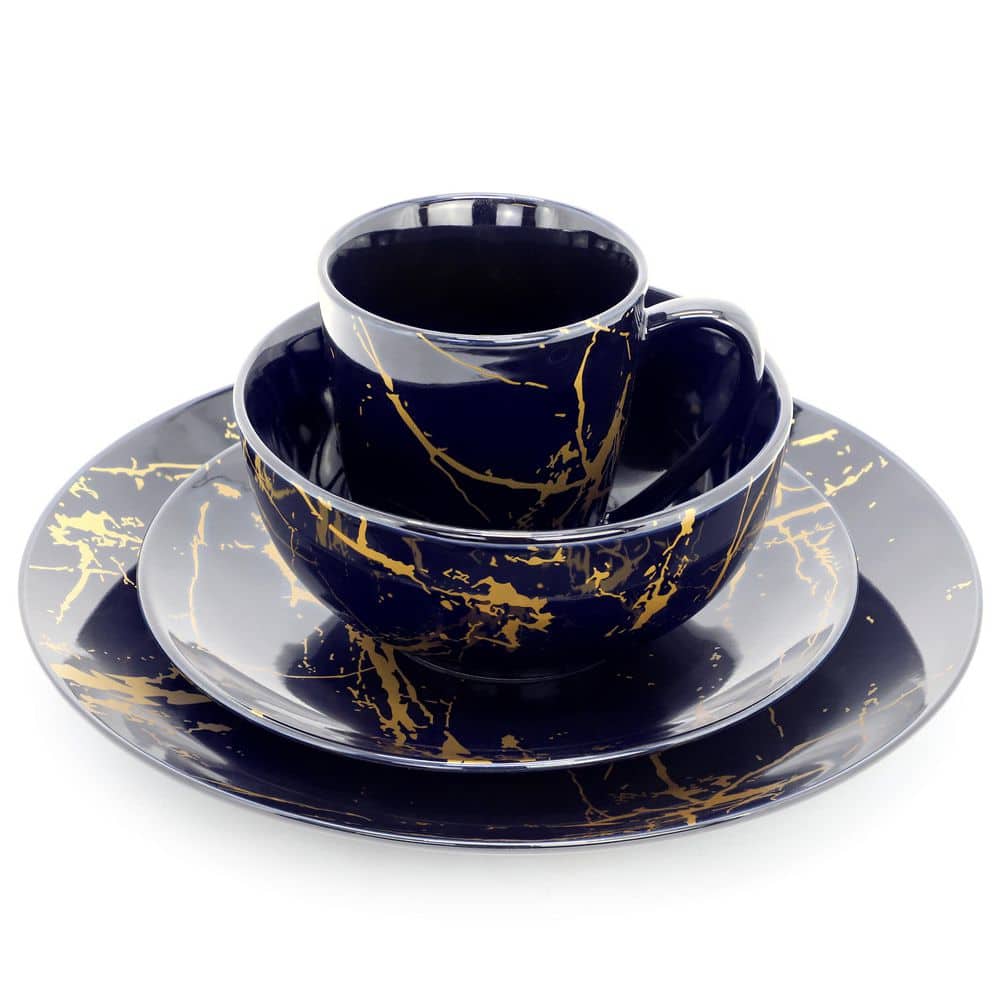 Elama Gilded Stone 16 Piece Ceramic Dinnerware Set in Dark Blue with Gold Veining - Hercitys