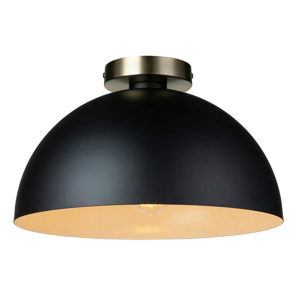 Monica 14 in. 1-Light Matte Black Semi-Flush Mount with Gold Accent, Incandescent Bulb Included - Hercitys