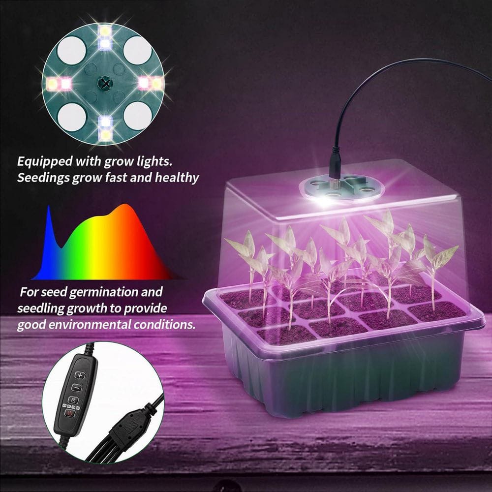 Seed Starter Tray w/ Grow Light 2-Piece Mini Greenhouse Kit with Humidity Domes and Base,Adjustable Brightness and Timer - Hercitys