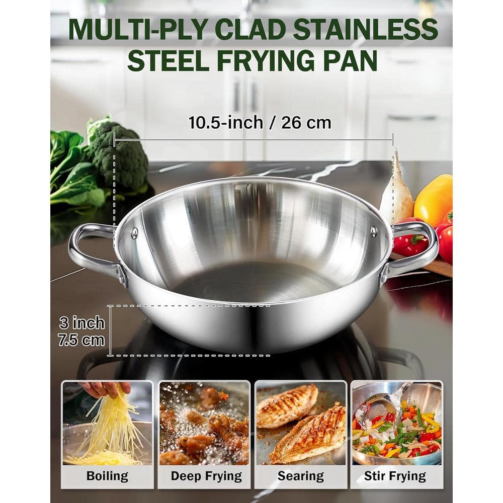 Large 12 in. Tri-Ply Stainless Steel Wok with Lid, Induction Compatible - Hercitys