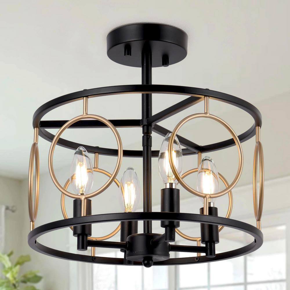 Modern Farmhouse Semi-Flush Mount, 12.8 in. 4-Light Black and Gold Drum Ceiling Light - Hercitys