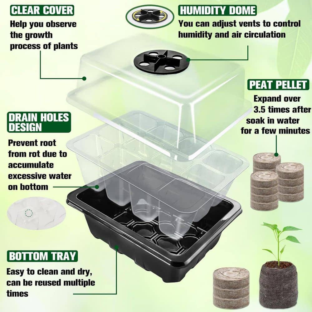 Seed Starter Kit 4-Pack 48 Cells Black with Peat Pellets for Organic Seedlings Vegetables Flowers Planting - Hercitys