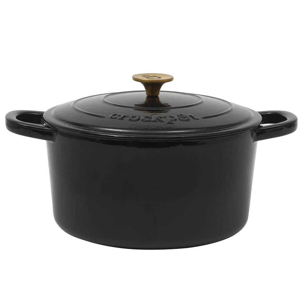 7 Quart Round Enameled Cast Iron Dutch Oven in Black with Gold Handle - Hercitys