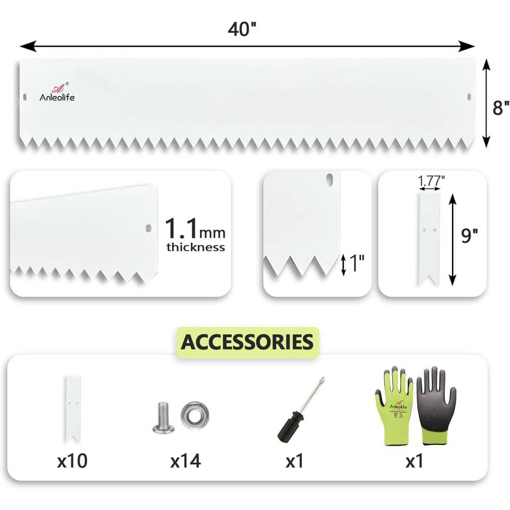 6 Pack 40 in. L x 8″ H Antique White Steel Garden Landscape Edging for Straight/Mild Curved Lines w/ Gloves & 10 Stakes - Hercitys