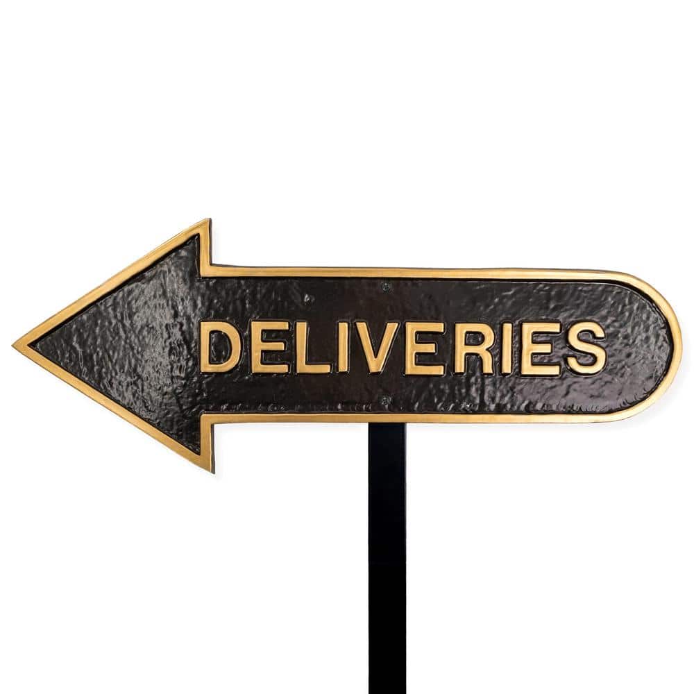 6 in. x 15.5 in. Left Arrow Deliveries Statement Plaque Sign with Lawn Stake-Black/Gold - Hercitys