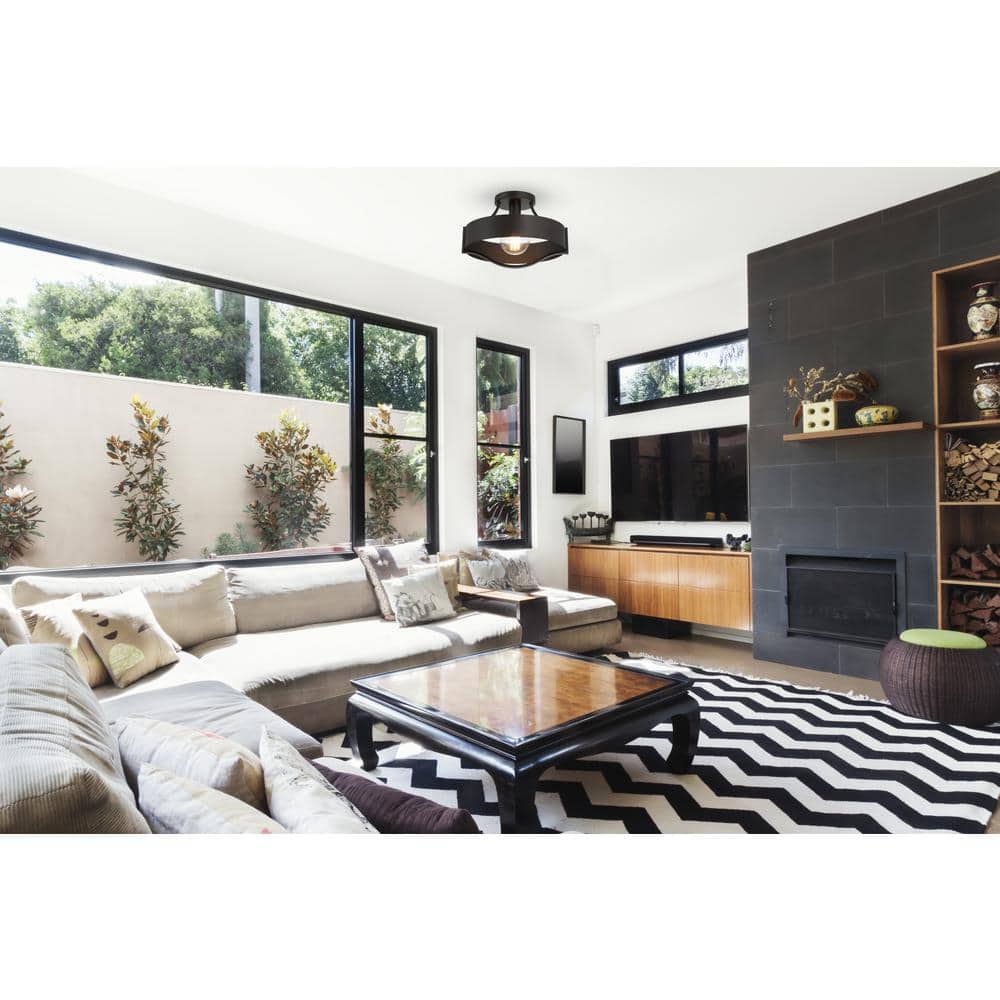 Kremmling 13 in. 1-Light Matte Black Banded Semi-Flush Ceiling Light - Hercitys