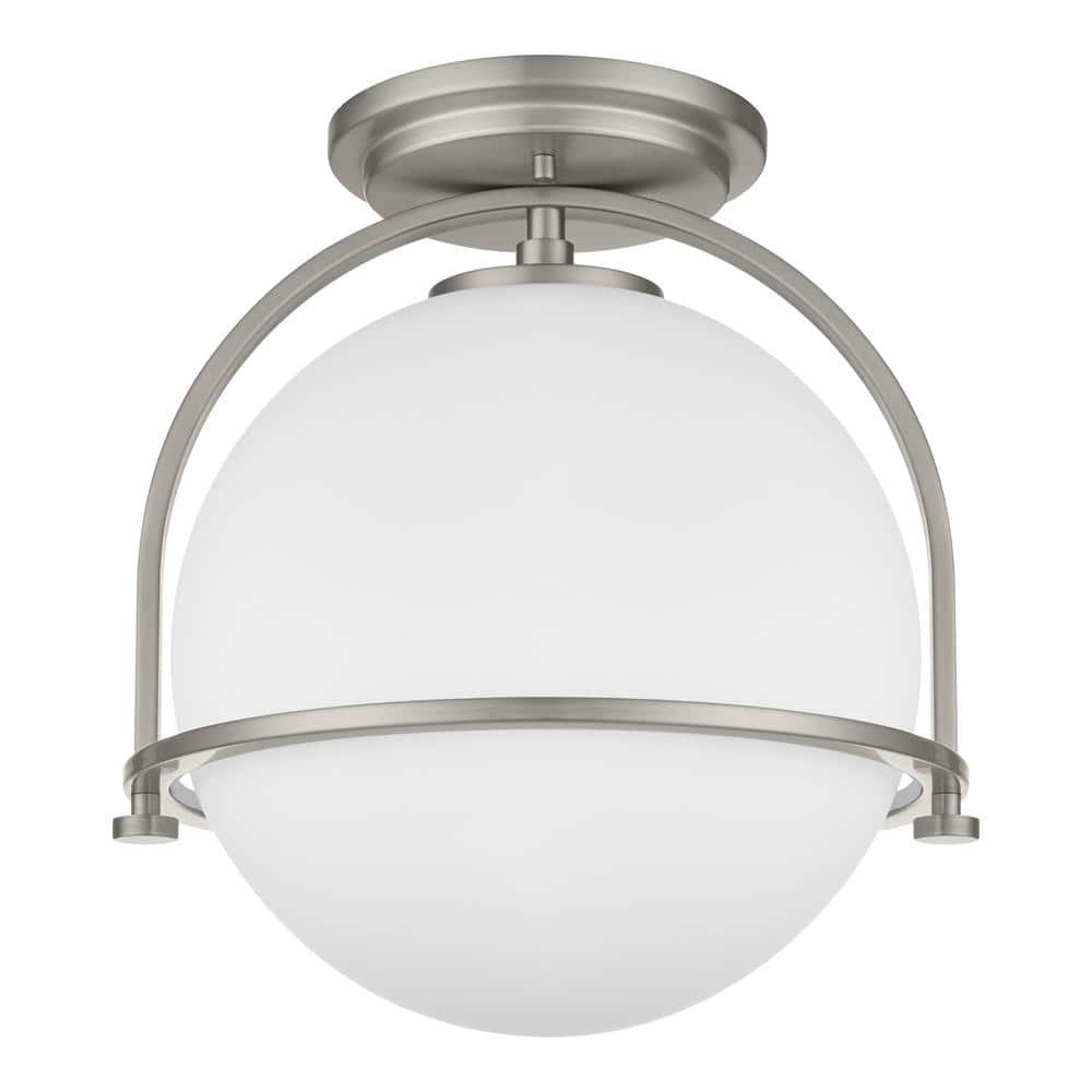 Owens 11.25 in. 1-Light Brushed Nickel Semi-Flush Mount Ceiling Light Fixture with White Glass Globe Shade - Hercitys