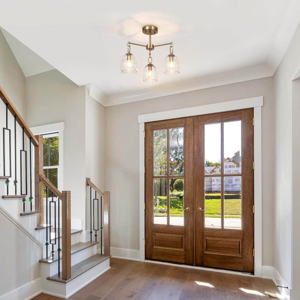 Modern 19.3 in. 3-Light Plated Brass Semi-Flush Mount with Bell Glass Shades - Hercitys