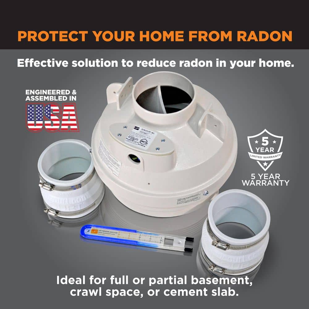 Radon Mitigation Fan Kit 4 in. Fan with 4 in. to 4 in. Couplers and Air Pressure Indicator - Hercitys