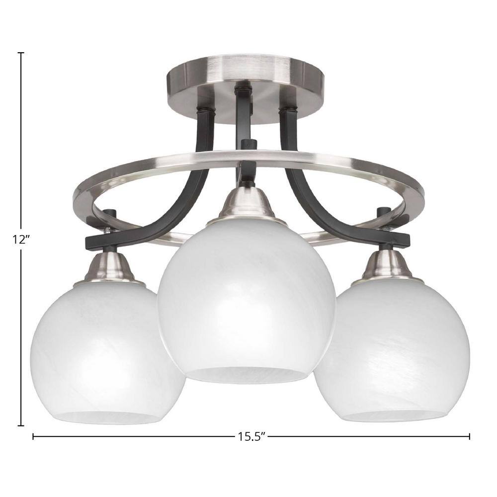 Madison 15.5 in. 3-Light Matte Black and Brushed Nickel Semi-Flush Mount with White Marble Glass Shade - Hercitys