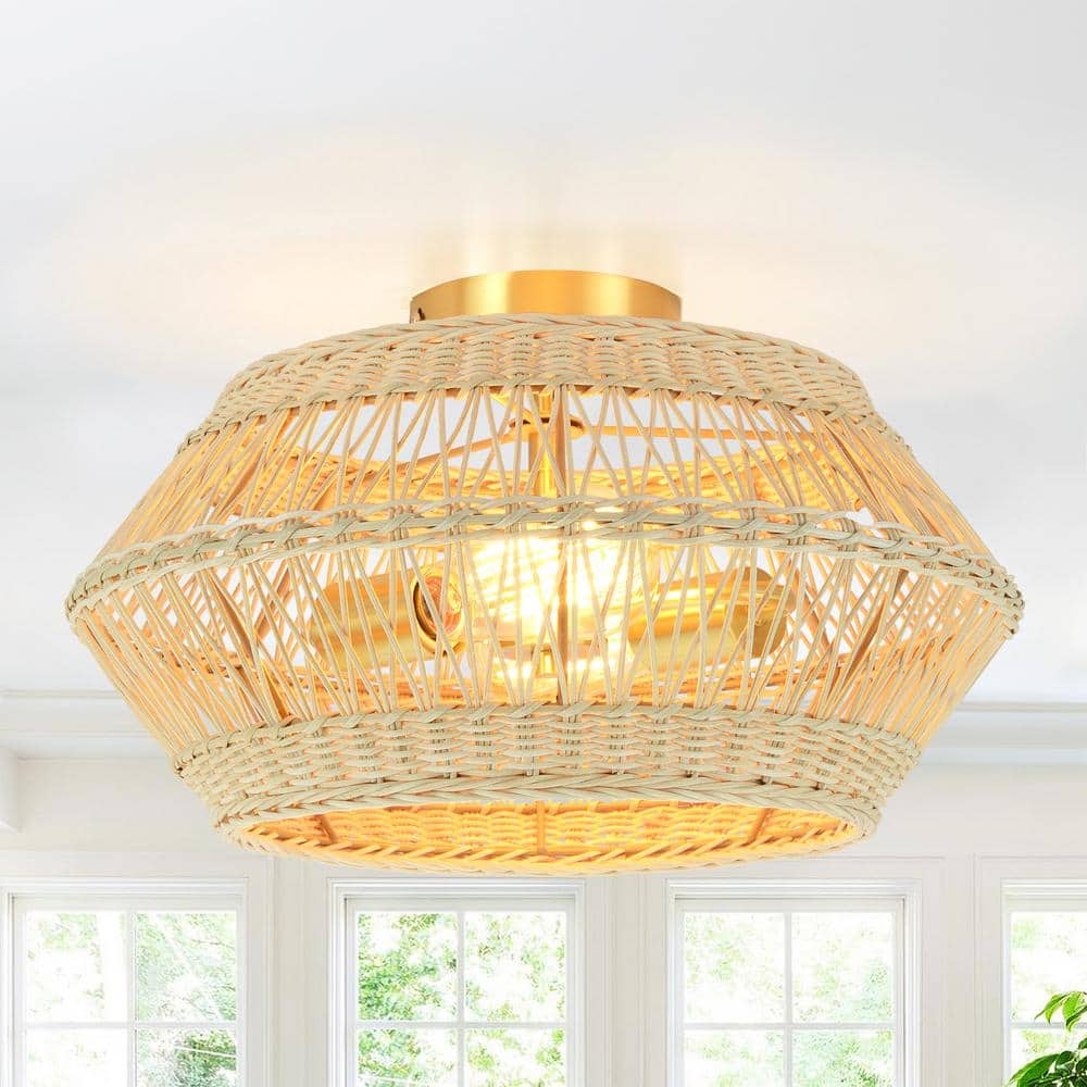 Rhea 16 in. 2 – Light Geometric Brass Semi-Flush Mount Ceiling Light with Handwoven Natural Rattan Shade- Durable Chic - Hercitys