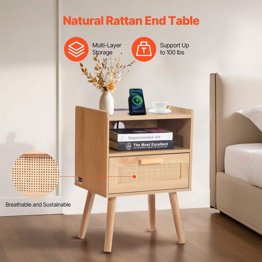 Rattan Nightstand, Boho Bedside Table with Drawer Open Shelf, Rattan End Table Wooden Nightstand with Solid Wood Legs - Hercitys