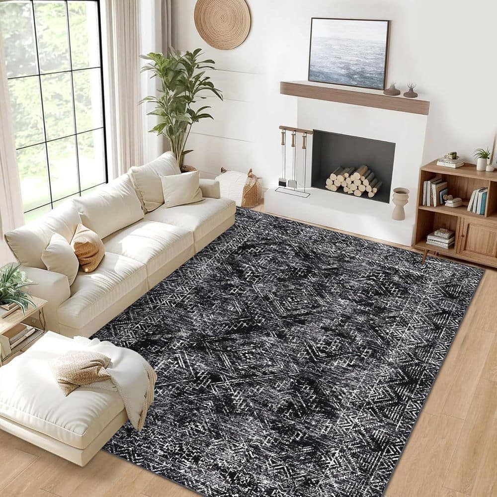Black 9 ft. x 12 ft. Washable Vintage Distressed Bohemian Style Polyester Area Rug - Hercitys