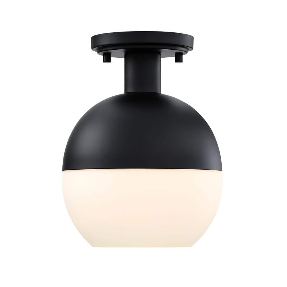 Linden 8 in. 1-Light Matte Black Minimalist Entryway Semi-Flush Mount with Etched Opal Glass Shade - Hercitys