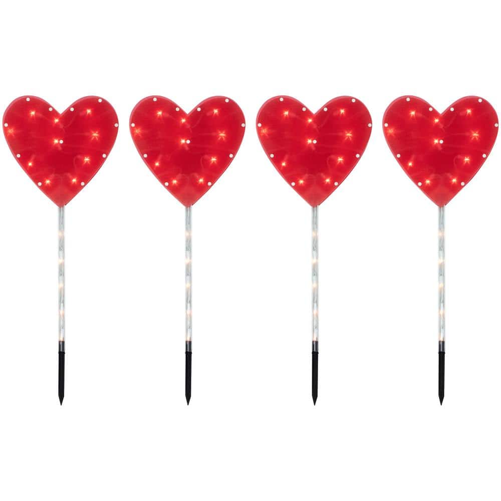 Red Heart Valentine’s Day Pathway Marker Lawn Stakes Clear Lights (4-Count) - Hercitys