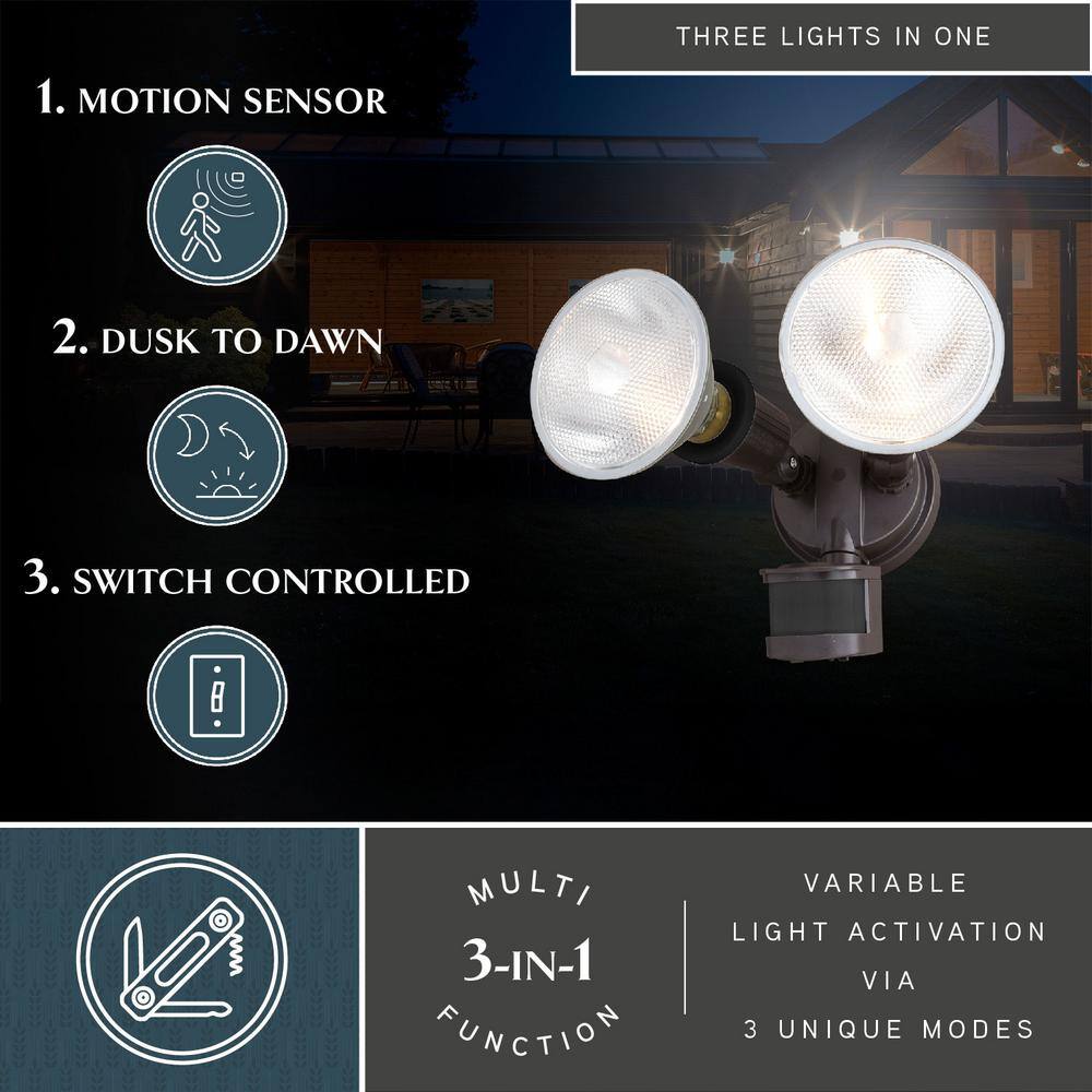 Bronze Motion Sensor Dusk to Dawn Outdoor Security Flood Light – 2 Adjustable Light Heads – 4 Modes - Hercitys