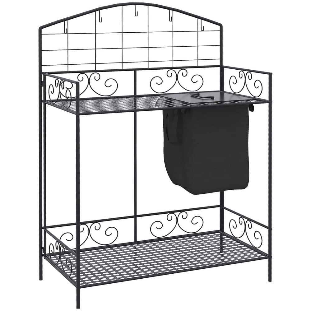 Metal Folding Potting Bench Table with Large Build-In Bag with Cover, 5 Hanging Hooks and Storage Shelf, Flourishes - Hercitys