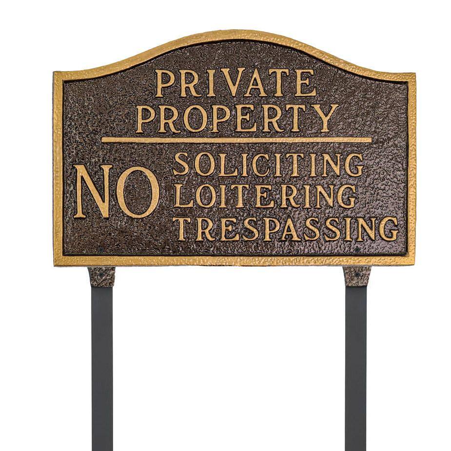 Private Property, No Soliciting, No Loitering Standard Statement Plaque with Lawn Stakes – Hammered Bronze - Hercitys