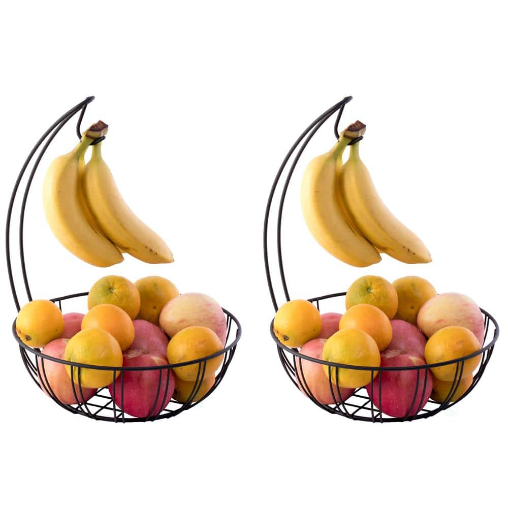 Wire Metal Fruit Basket Holder with Banana Hanger, Set of 2 - Hercitys