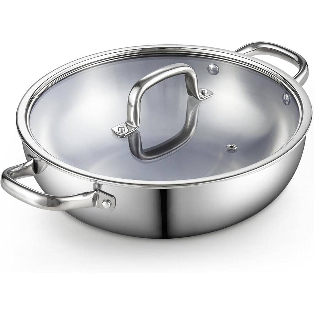 Large 12 in. Tri-Ply Stainless Steel Wok with Lid, Induction Compatible - Hercitys