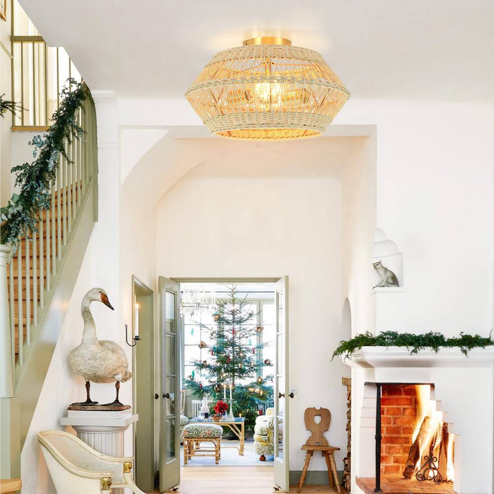 Rhea 16 in. 2 – Light Geometric Brass Semi-Flush Mount Ceiling Light with Handwoven Natural Rattan Shade- Durable Chic - Hercitys