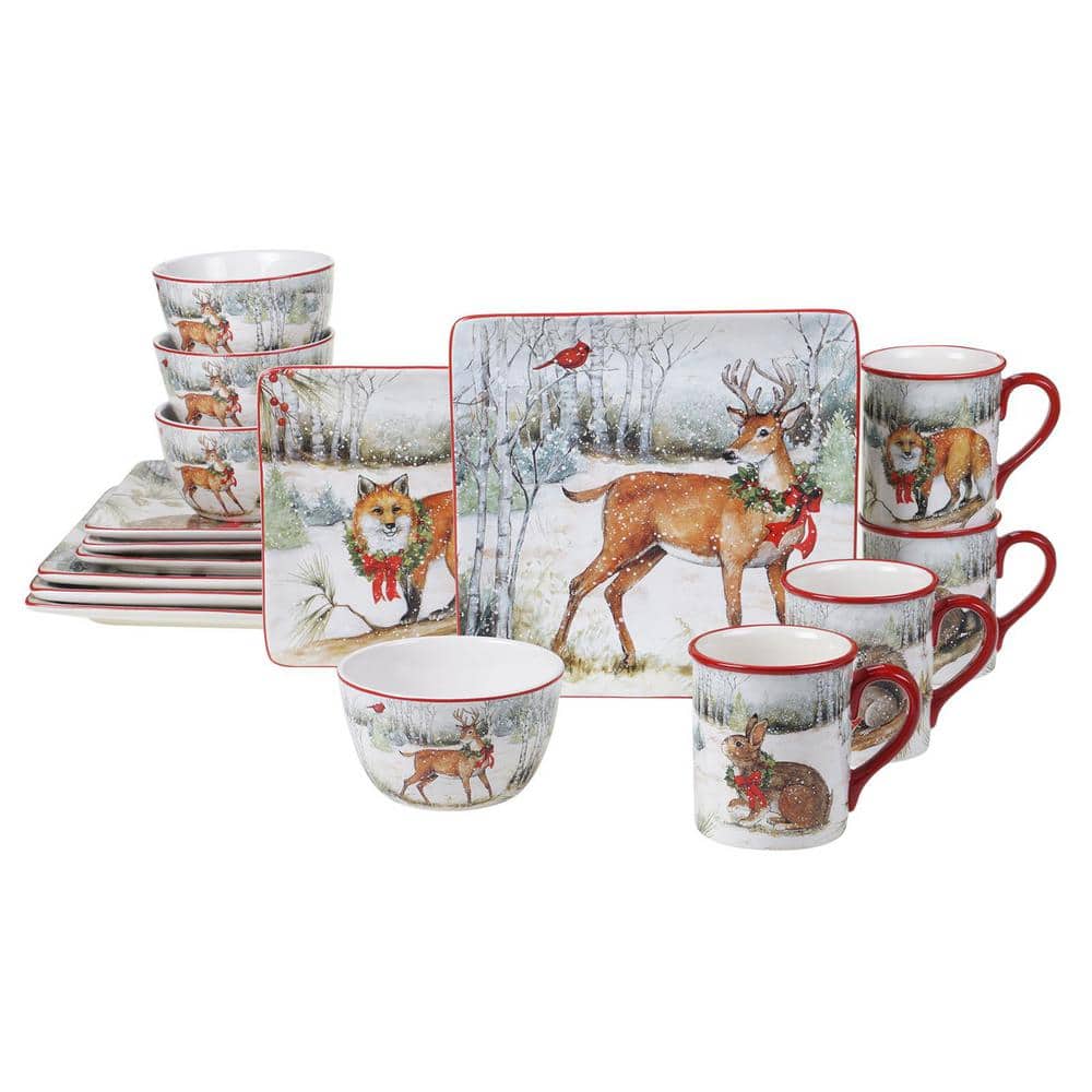 Winter Forest 16-Piece Multicolored Earthenware Dinnerware Set (Service for 4) - Hercitys