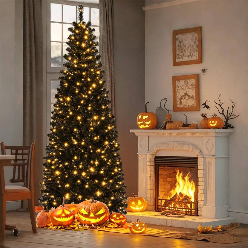 7 ft. Pre-Lit LED PVC Halloween Pencil Artificial Christmas Tree Black with 350 Warm White Lights - Hercitys