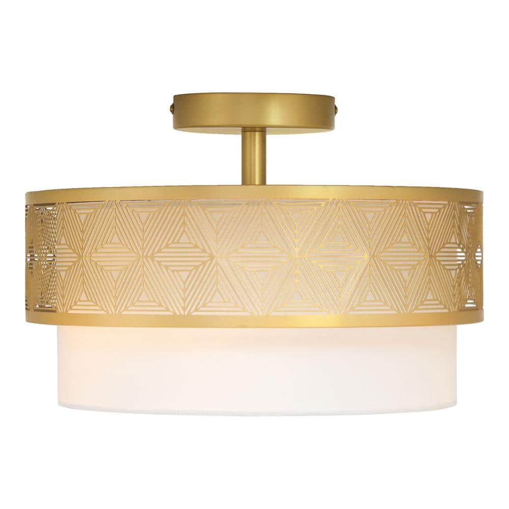 Sloane 13.125 in. Dual-Light Gold-Tone Semi-Flush Mount with White Fabric Drum Shade - Hercitys