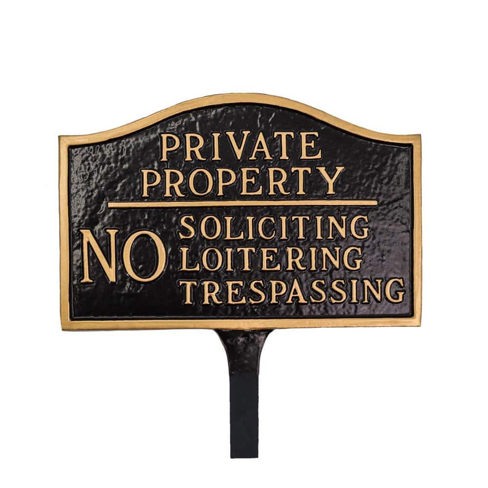 Private Property, No Soliciting, No Loitering Standard Statement Plaque with Lawn Stakes – Black/Gold - Hercitys