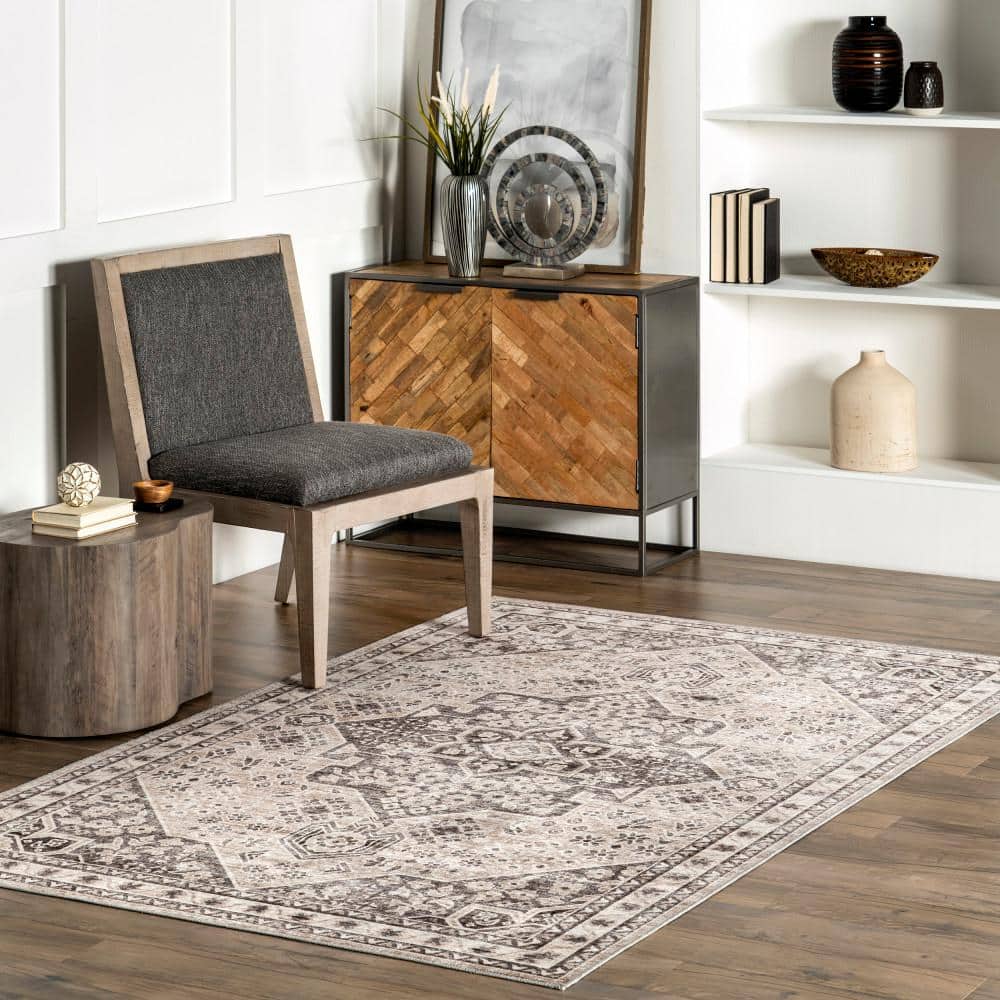 Eira Spill-Proof Machine Washable Taupe 9 ft. x 12 ft. Persian Area Rug - Hercitys