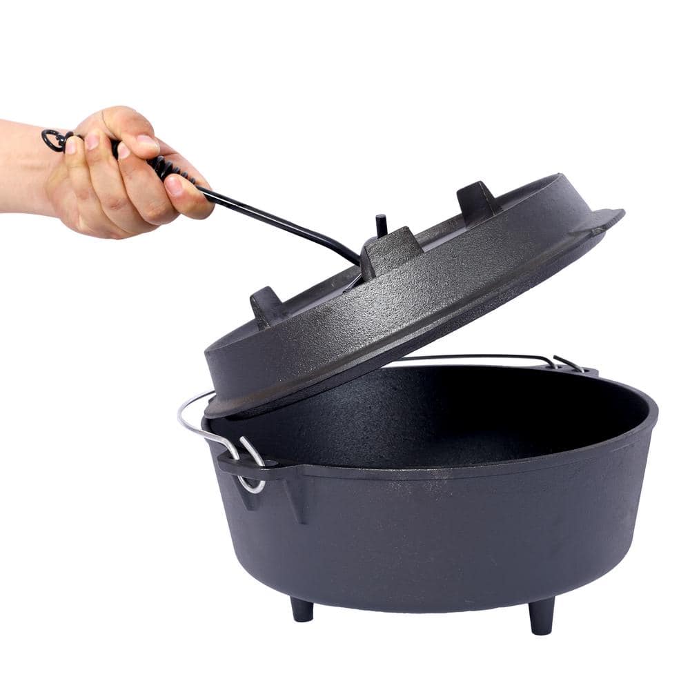 8 qt. Round Cast Iron Dutch Oven in Black with Lid, Outdoor Pre-Seasoned Camp Pot for Fireplace Cooking BBQ Baking - Hercitys