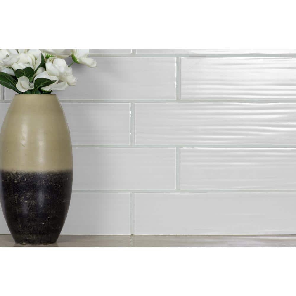 Italian White 4 in. x 16 in x 6 mm. Textured Large Format Glass Subway Wall Tile (8 sq. ft./Case) - Hercitys