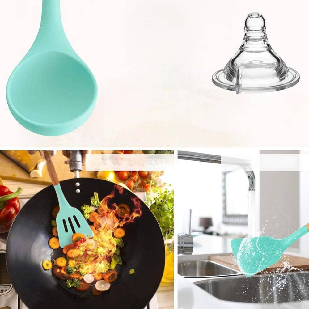 Silicone Cooking Utensils Set with Holder BPA-Free Nonstick Safe High Heat Resistant Teal Kitchen Gadgets Green - Hercitys