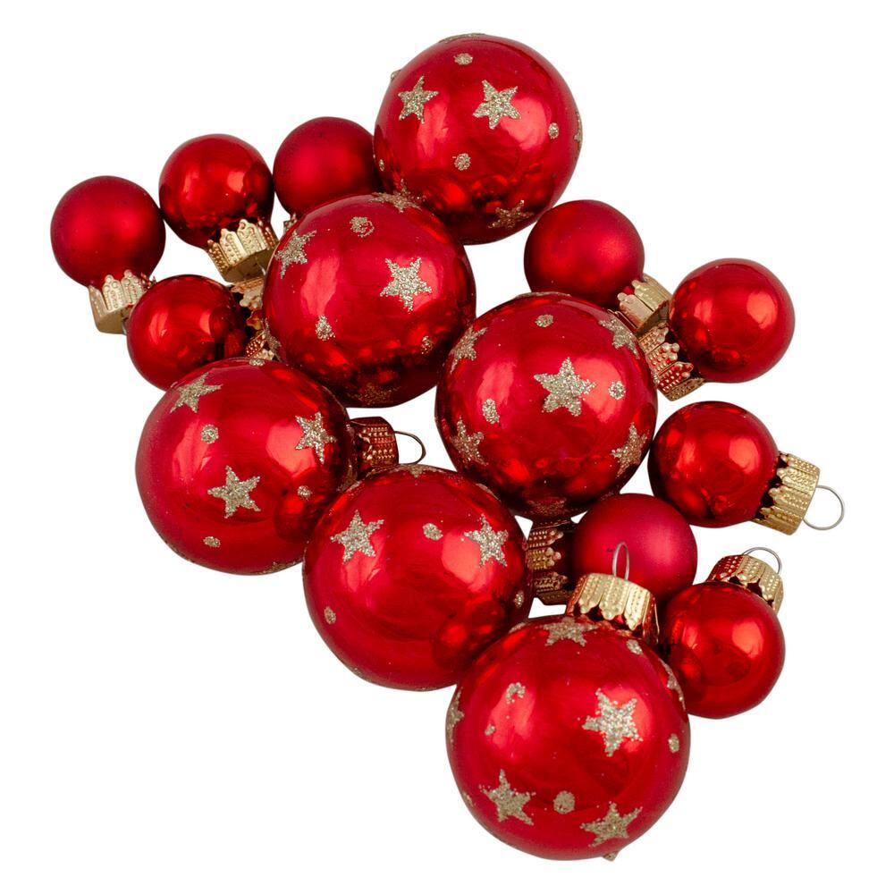 Set of Assorted Red Glass Christmas Ball Ornaments with Tree Topper (16-Piece) - Hercitys