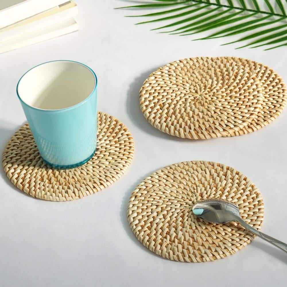 Set of 4 Decorative Round 5.25 in. Natural Woven Handmade Rattan Placemats - Hercitys