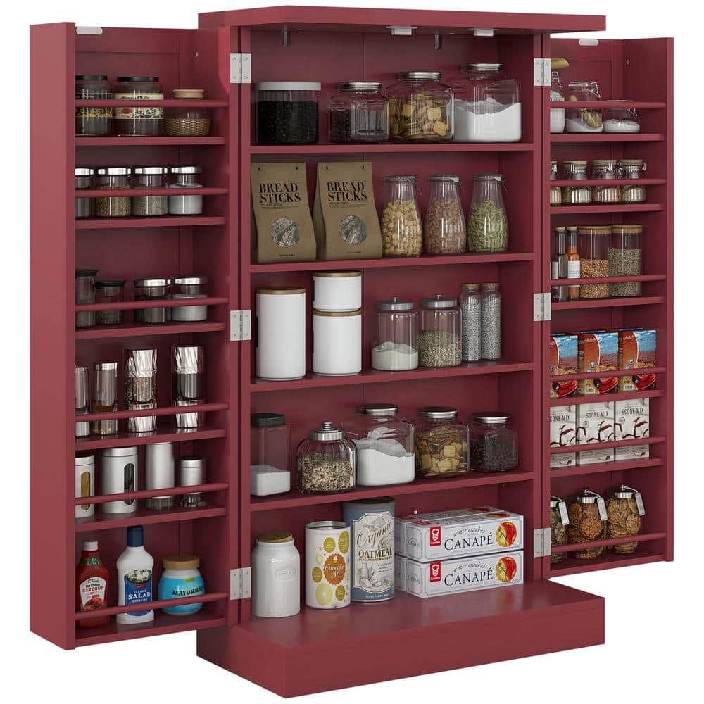 Red 5-Tier Shelf 12-Spice Racks 41 in. Kitchen Pantry Storage Cabinet, with Double Doors and Adjustable Shelves - Hercitys