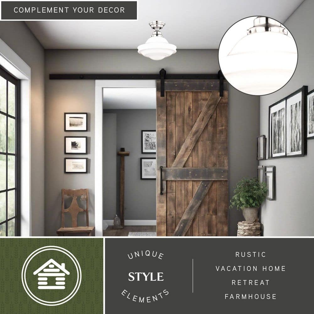 Huntley 12 in. W Satin Nickel Farmhouse Schoolhouse Semi-Flush Mount Ceiling Light White Glass - Hercitys