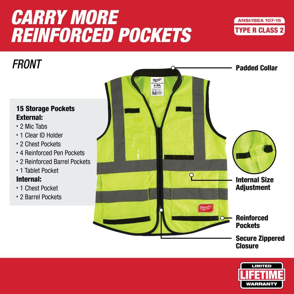 Performance Small/Medium Yellow Class 2 High Visibility Safety Vest with 15 Pockets (4-Pack) - Hercitys