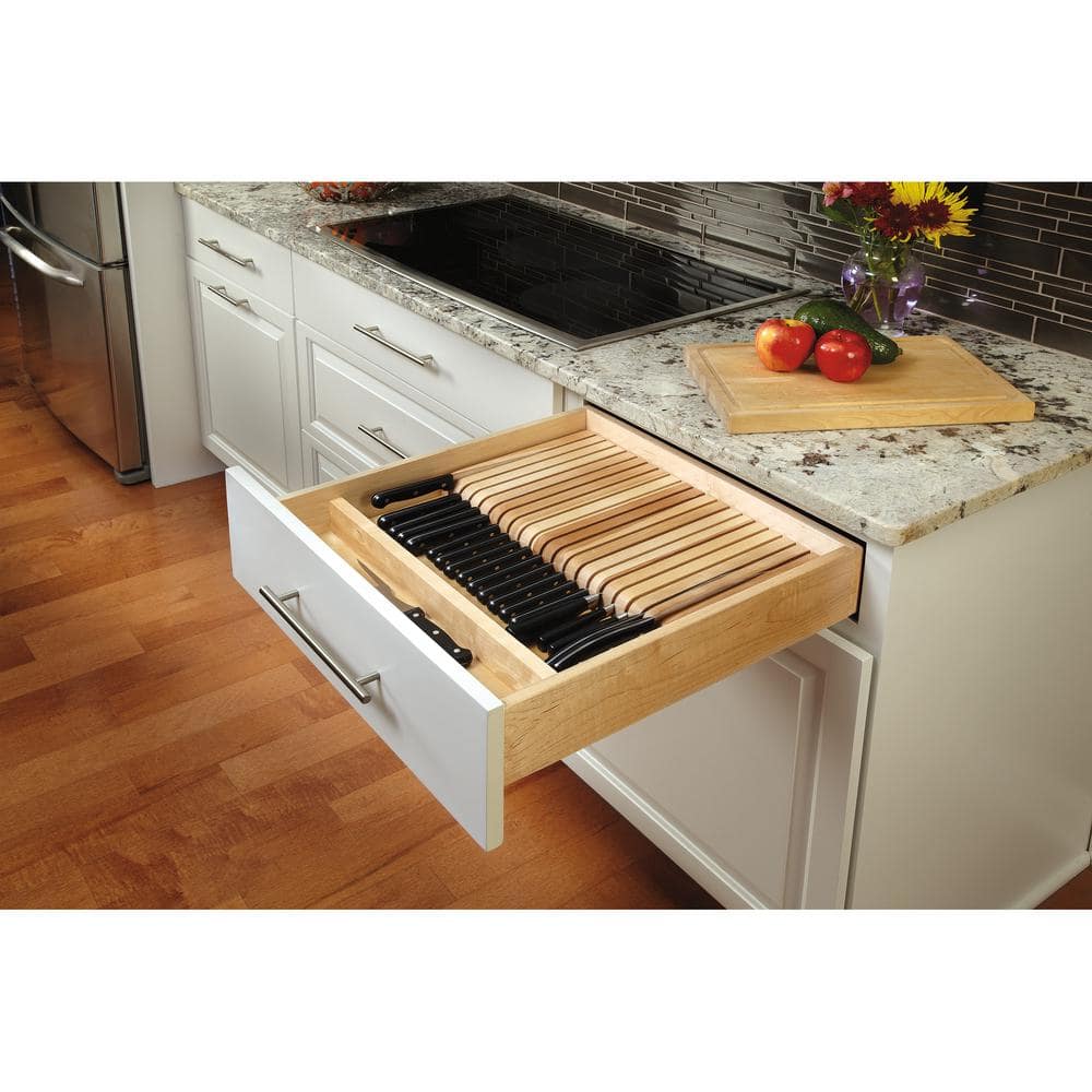 Maple 18.5 in. W x 22 in. D x 2.38 in. H Light Brown Wood Trim-to-Fit Knife Block Drawer Organizer Insert - Hercitys