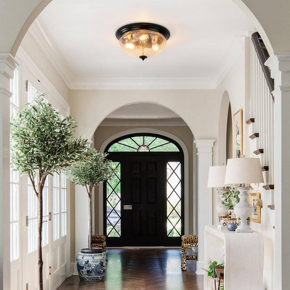 Seta 16.7 in. W 3-Light Mushroom-Shaped Flushing Mount Ceiling Light in Stain Black with Crackle Glass Shade 1 Pack - Hercitys