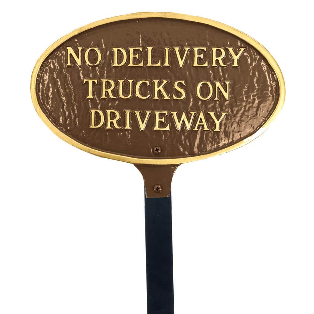 No Delivery Trucks on Driveway Small Oval Statement Plaque with 17.5 in. Lawn Stake-Oil Rubbed/Gold - Hercitys