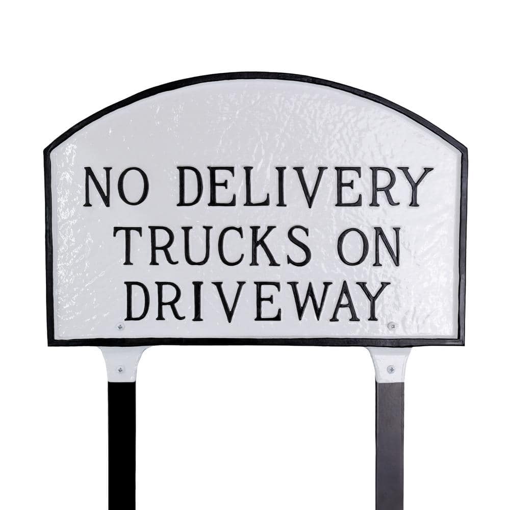 No Delivery Trucks on Driveway Standard Arch Statement Plaque with Lawn Stakes-White/Black - Hercitys