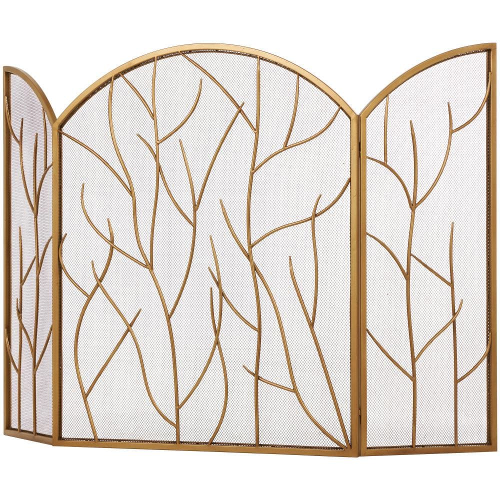 Gold Metal Tree Arched 3-Panel Fireplace Screen with Branch Inspired Design - Hercitys