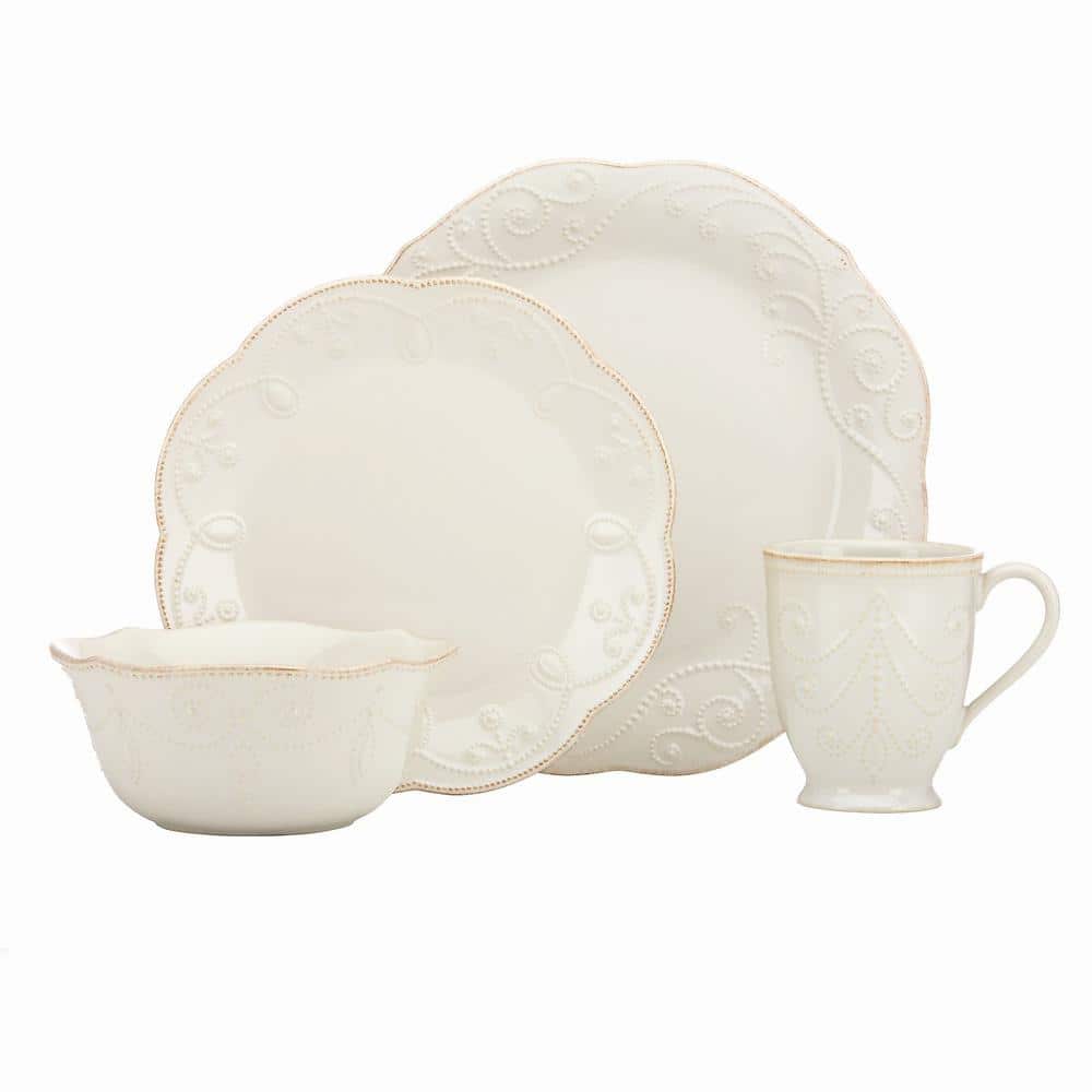 French Perle 4-Piece Traditional Pale Ivory Stoneware Dinnerware Set (Service for 1) - Hercitys