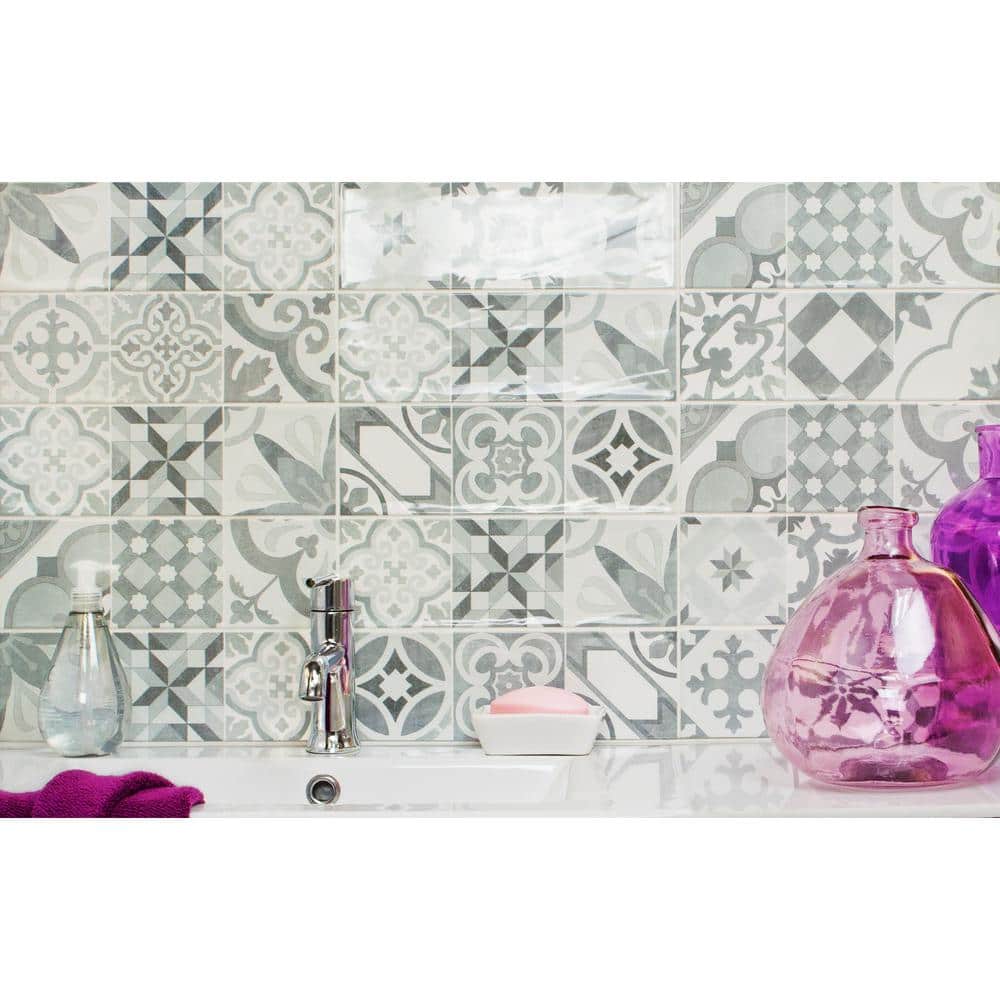 Pier Cold Deco Encaustic 4 in. x 12 in. 6 mm Polished Ceramic Subway Wall Tile (33-piece 10.76 sq. ft. / Box) - Hercitys