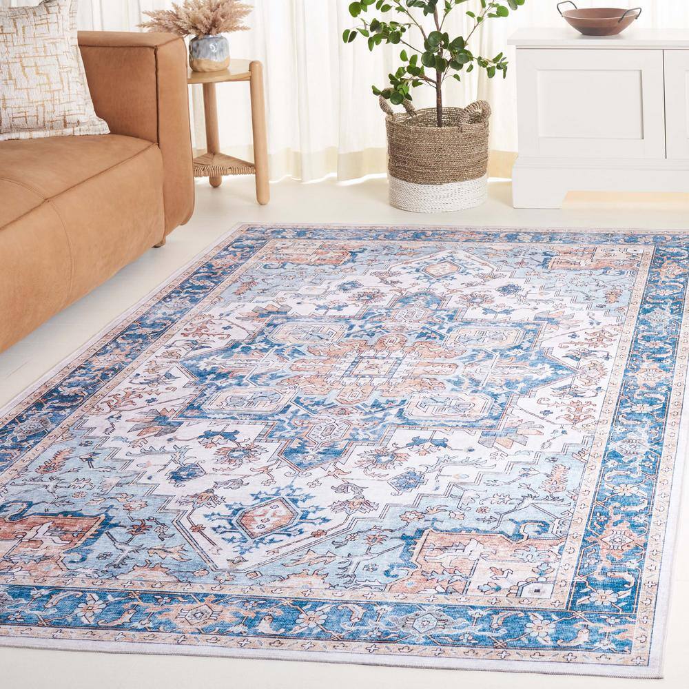 Arizona Patina Blue/Beige 9 ft. x 12 ft. Distressed Border Ornate Machine Washable Area Rug - Hercitys
