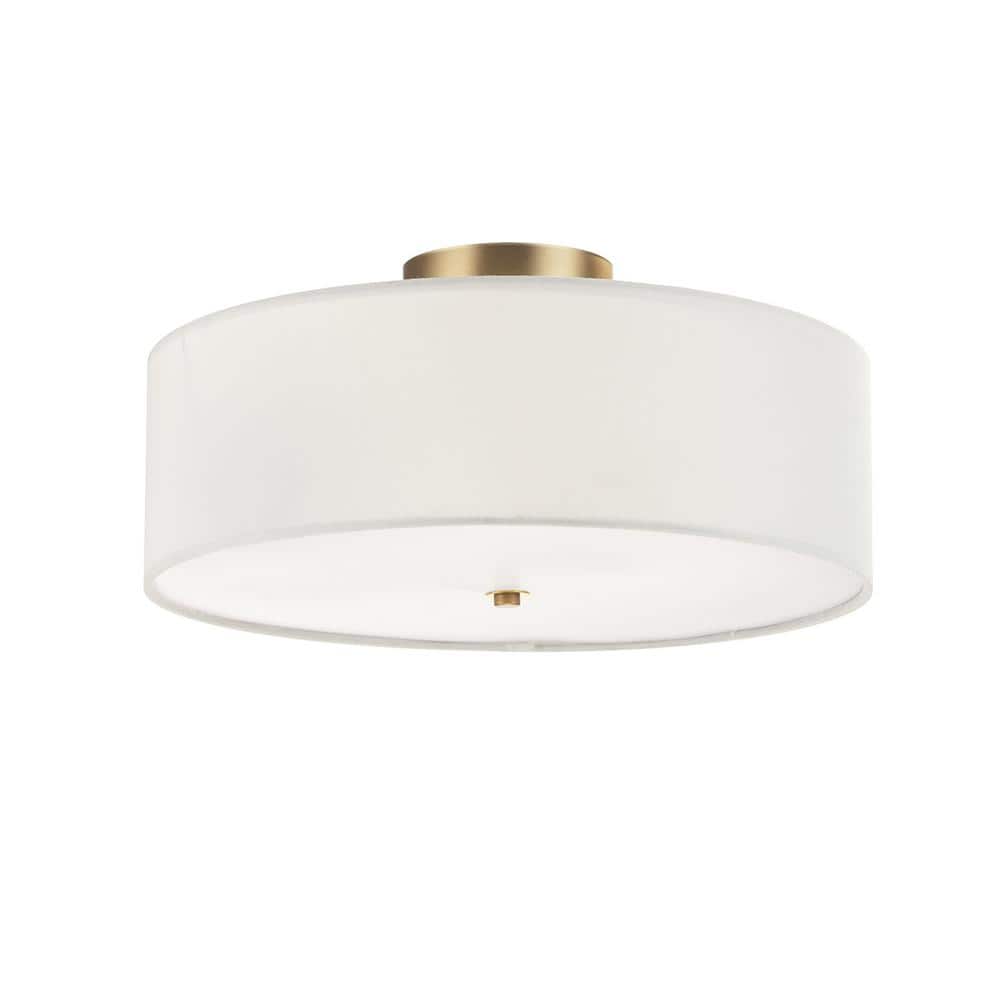 Kyle 15.9 in. 2-Light Matte Brass Semi-Flush Mount with White Linen Shade - Hercitys