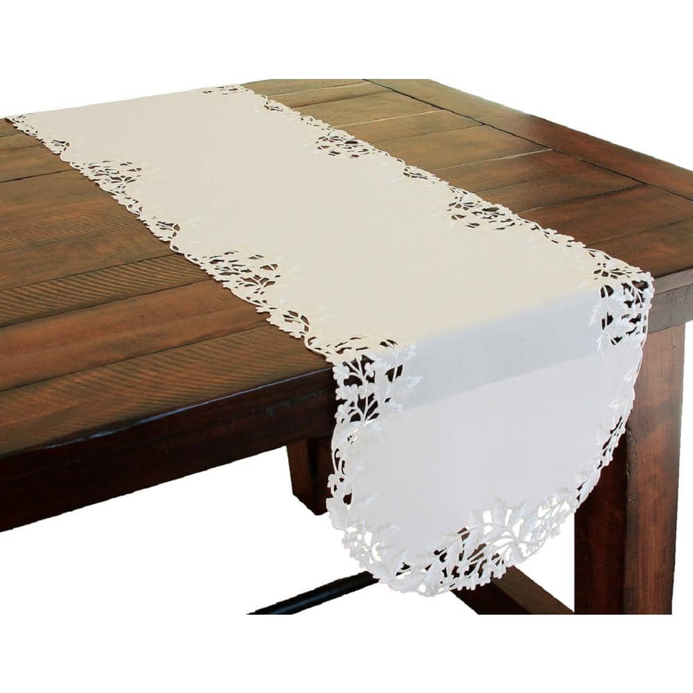 Arietta 15 in. x 72 in. White Embroidered Cutwork Table Runner - Hercitys