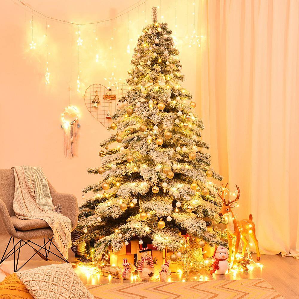 7.5 ft. Snow Flocked Artificial Christmas Tree Hinged Pine Tree with Metal Stand - Hercitys