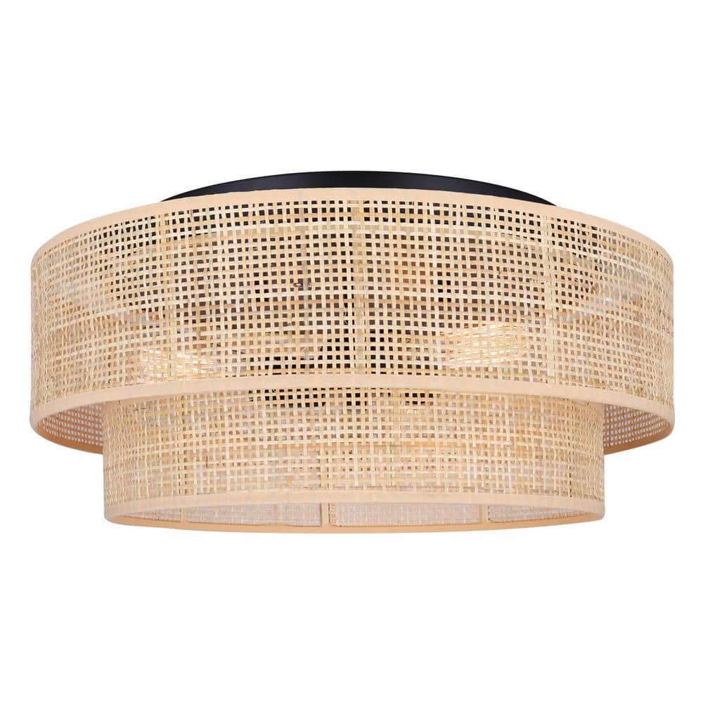 BELLAMY 19 in. 3-Light 60-Watt Boho Black Flush Mount with Natural Rattan Shade - Hercitys